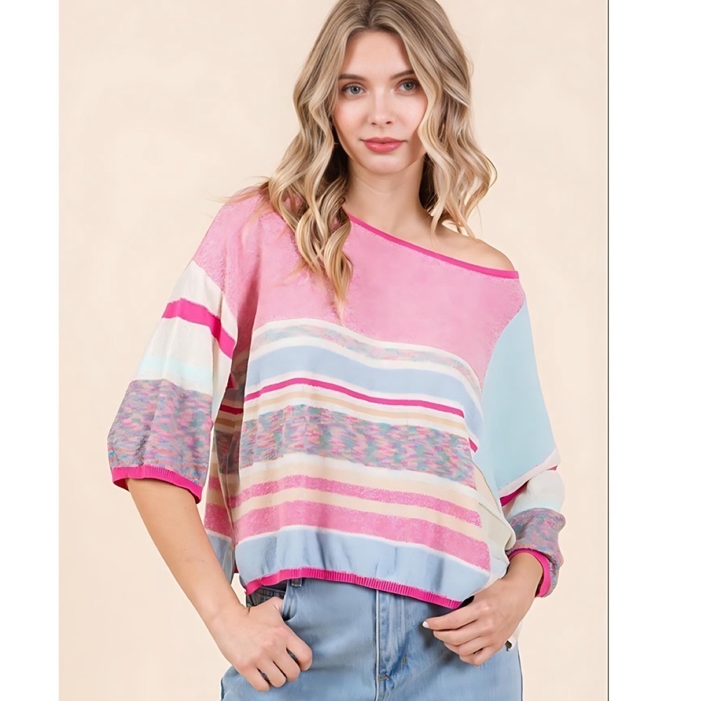 LAST 1! FATE Multi Pink Color Boat Neck Soft Lightweight Sweater! - Picture 2 of 6